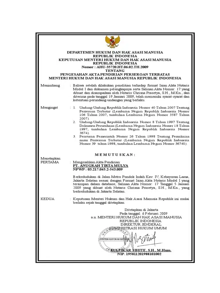 Surat Keputusan Pengesahan dari Kemenkumham