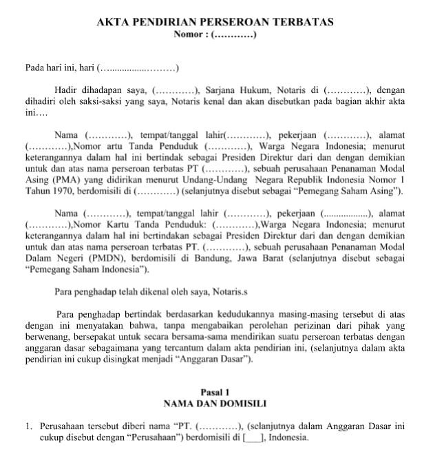 Contoh Akta Pendirian PT Notarial